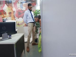 brown babe enjoys two cocks in office.